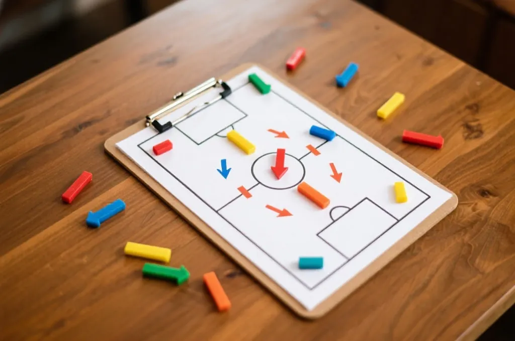 A tactical soccer clipboard with colorful magnet markers and hand-drawn formation arrows on a wooden table