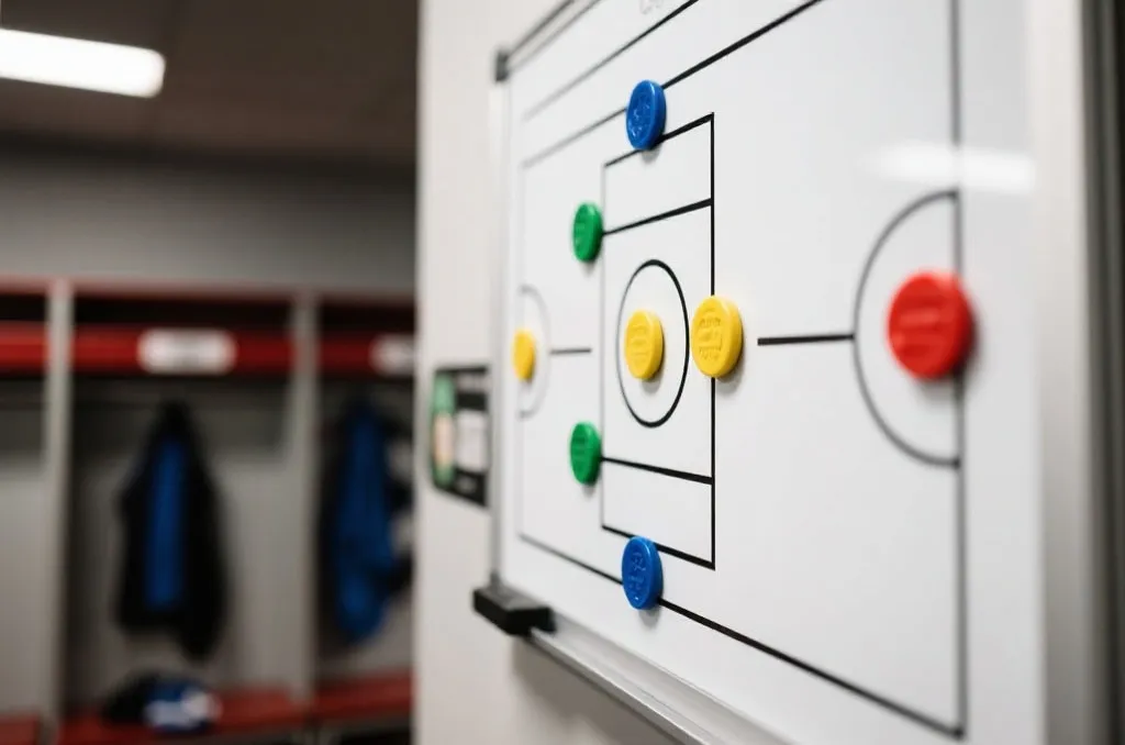 Close-up of a tactical board in a football locker room with magnetic pieces showing a counter-attacking formation