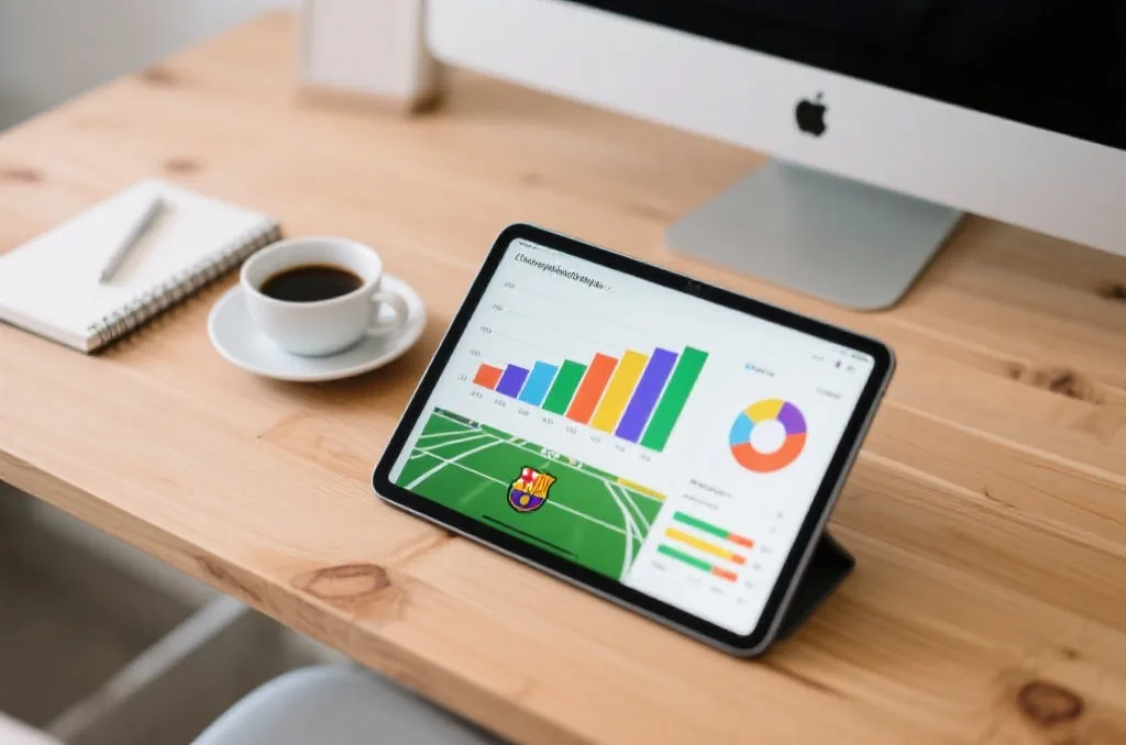 Tablet displaying colorful football team statistics and probability graphs on a desk