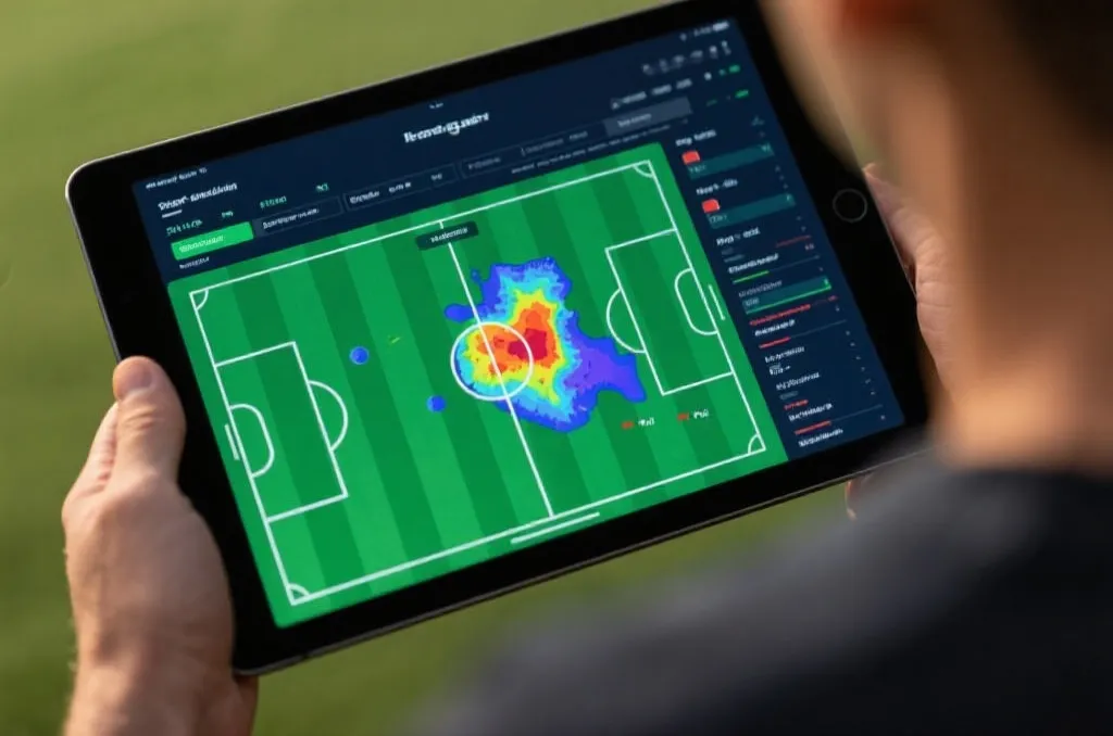A tablet displaying detailed soccer match analytics and heatmaps, professional sports style