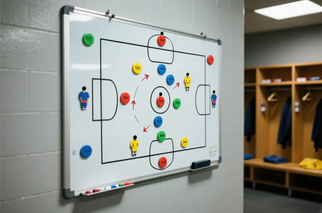 Tactical magnetic board in a football dressing room with generic player position markers