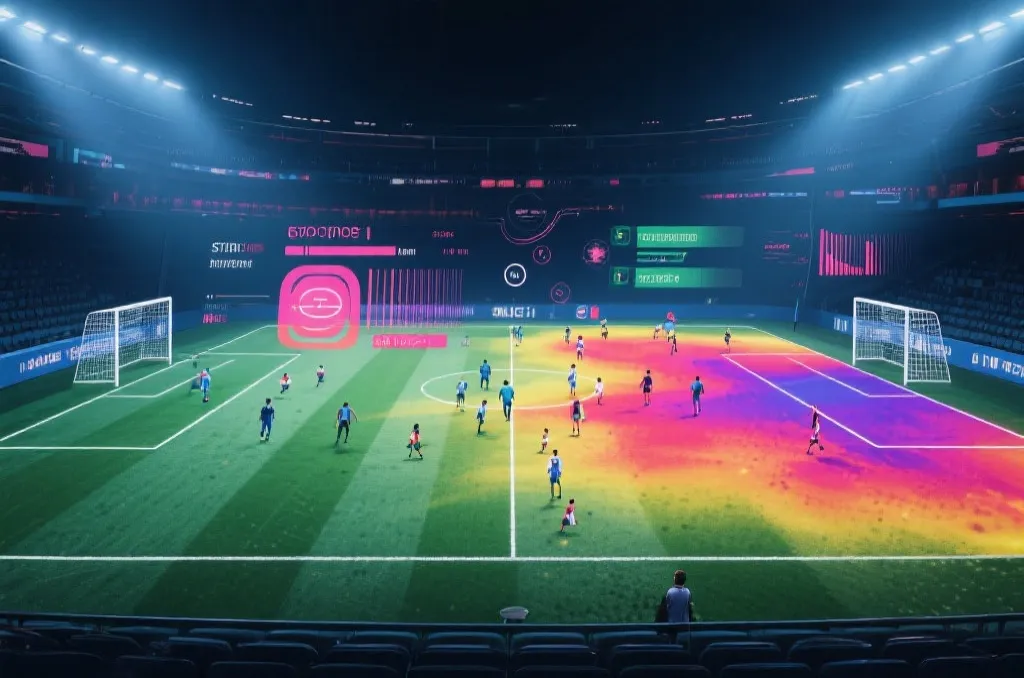 Abstract football pitch with heatmaps showing player stamina depletion and sports data overlay
